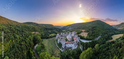 Manasija monastery castle walls aerial drone sunset panorama, Serbia photo