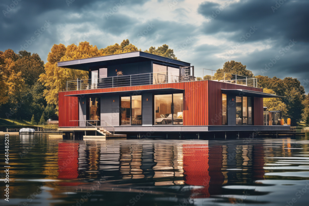Modern floating house on the river.