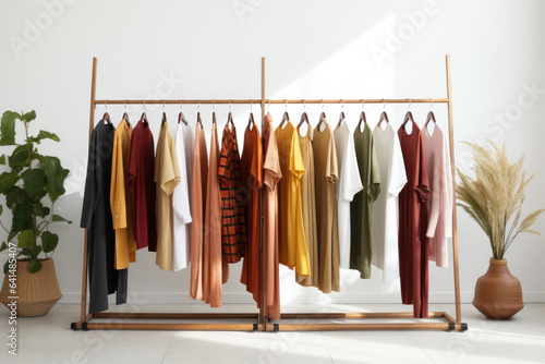 A clothing rack showcases a collection of versatile pieces from an ethical brand, encouraging consumers to invest in timeless and sustainable fashion. Generative Ai.
