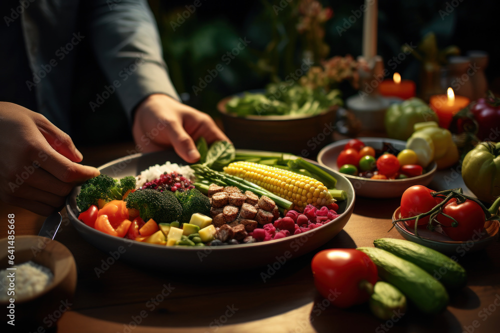 A person enjoys a plant-based meal filled with colorful fruits and vegetables, highlighting the connection between nutrition and holistic wellbeing. Generative Ai.