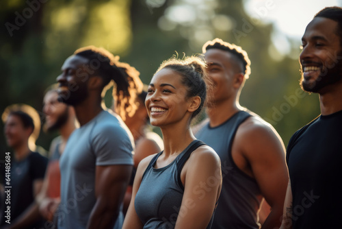 A fitness class gathers in a park, showcasing the sense of community and camaraderie that contributes to lasting wellbeing. Generative Ai.