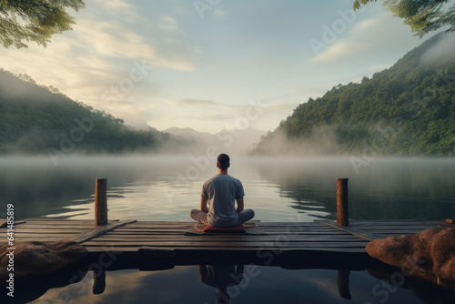 A serene morning scene captures a person practicing mindfulness and meditation, setting a positive tone for the day and nurturing wellbeing. Generative Ai.