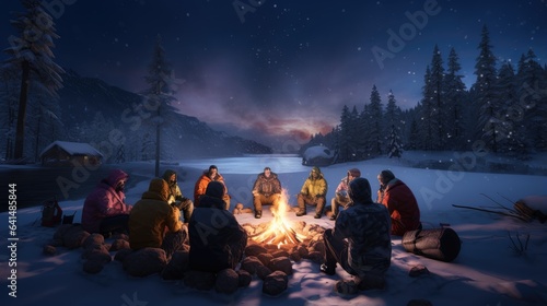 Freeze the moment when a family gathers around a bonfire in the snow, toasting marshmallows and creating cherished memories on a winter night.