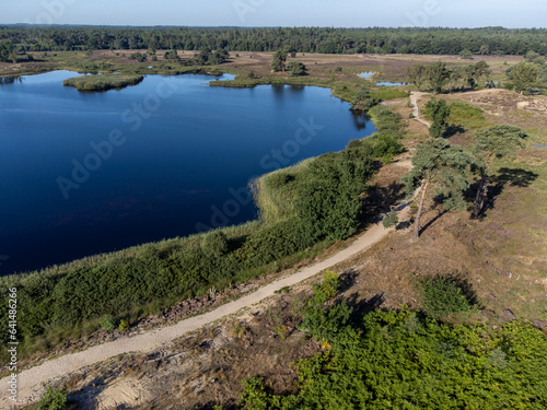 Aerial view on blossom of heather, forest and lakes. Sunny morning in Nature protected park area De Malpie near Eindhoven, North Brabant, Netherlands. Nature landscapes in Europe. photo
