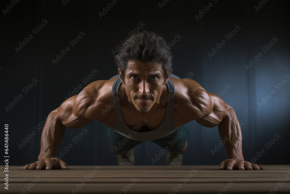 A person practices a primal push-up variation that incorporates twisting and reaching movements for enhanced functional strength. Generative Ai. A person practices a primal push-up variation that incorporates twisting and reaching movements for enhanced functional strength. Generative Ai.