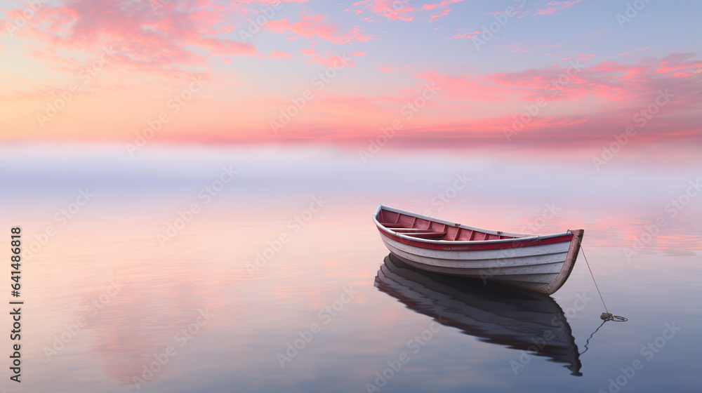A moored rowboat at sunset (sunrise) on a fogy lake, text for copy space
