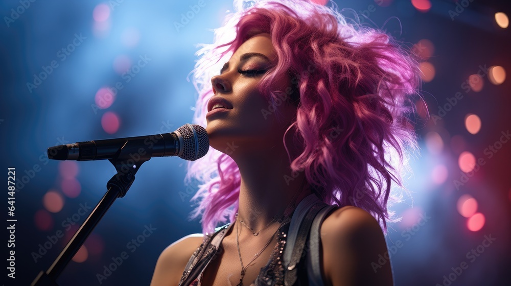 a woman with pink hair singing into a microphone
