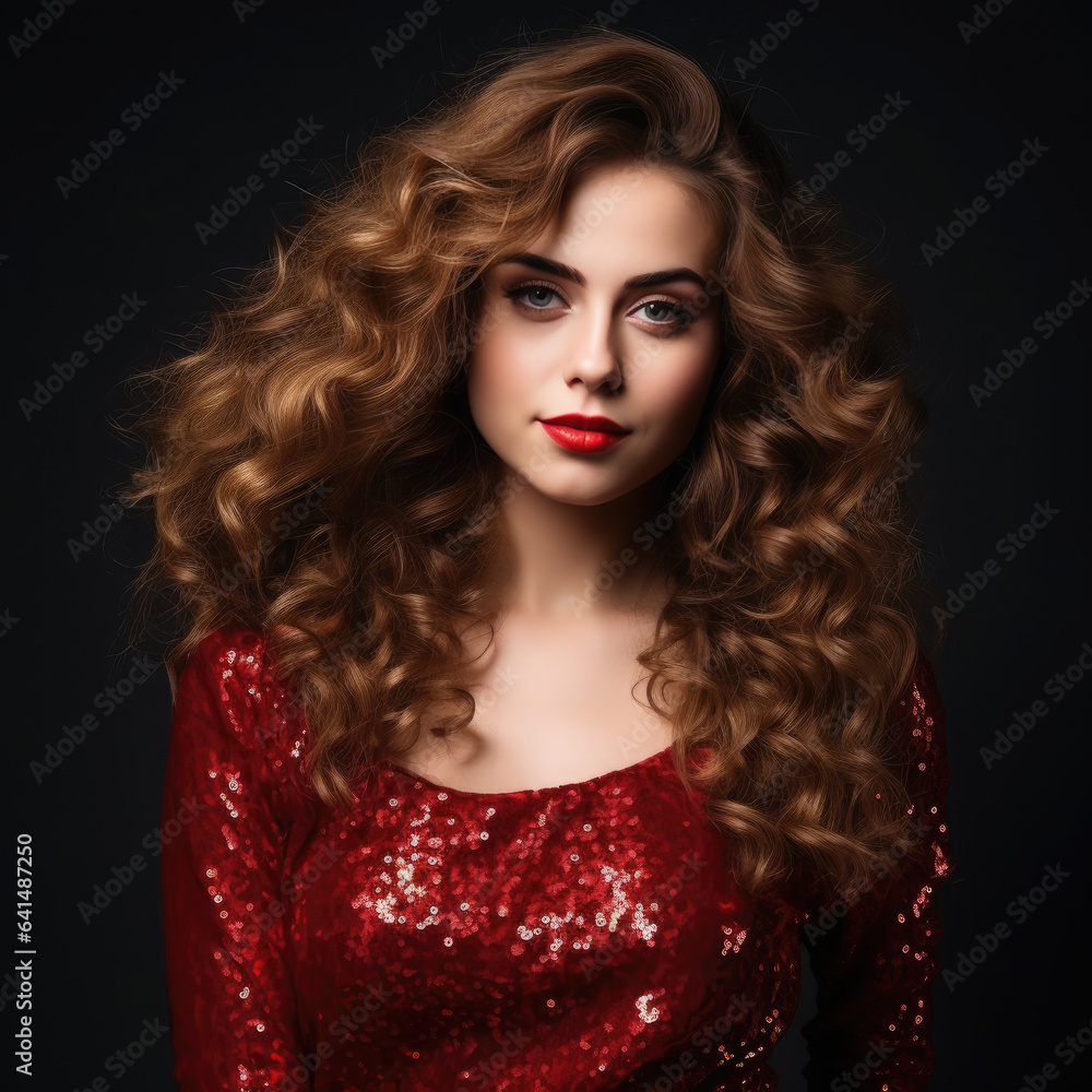 Generative AI, beautiful European curly brunette girl in a red shiny evening dress on a dark background, happy new year, christmas, celebration, party, elegant woman, amazing lady Generative AI, beautiful European curly brunette girl in a red shiny evening dress on a dark background, happy new year, christmas, celebration, party, elegant woman, amazing lady