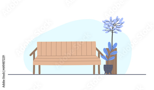 Flat cartoon outdoor bench isolated with flowerpots beside. Simple minimal illustration for background.