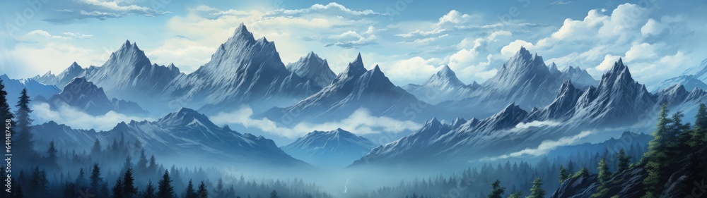 a mountain range with trees and clouds