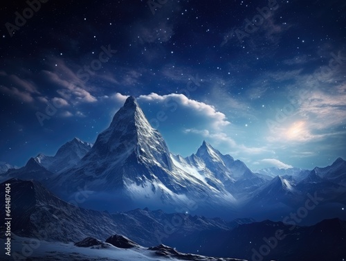 a snowy mountain range with clouds and stars