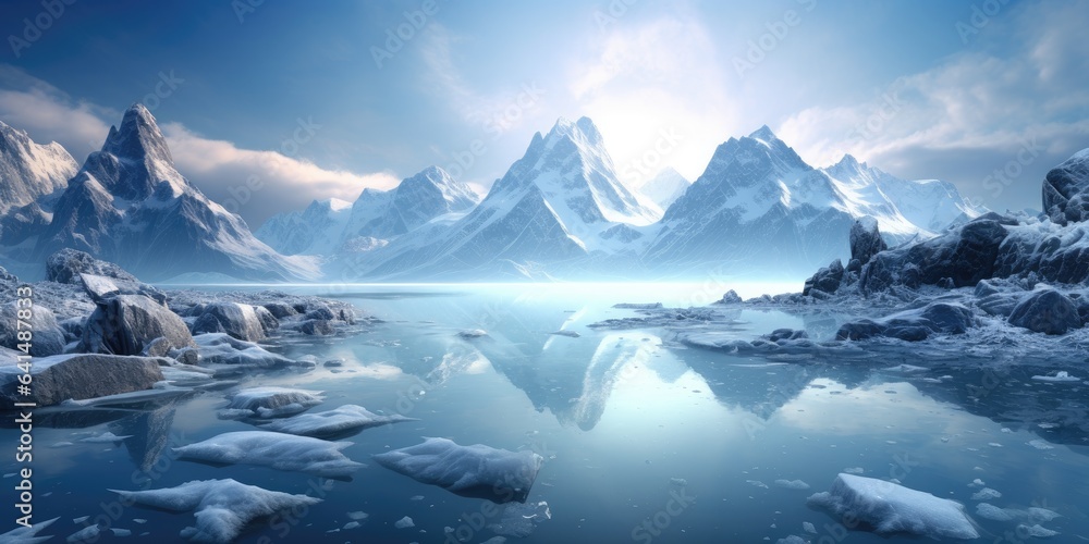 a body of water with icebergs and mountains in the background