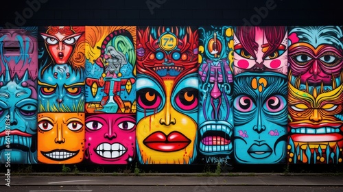 a wall with colorful faces painted on it © sam