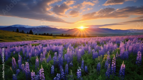 a field of purple flowers with mountains in the background