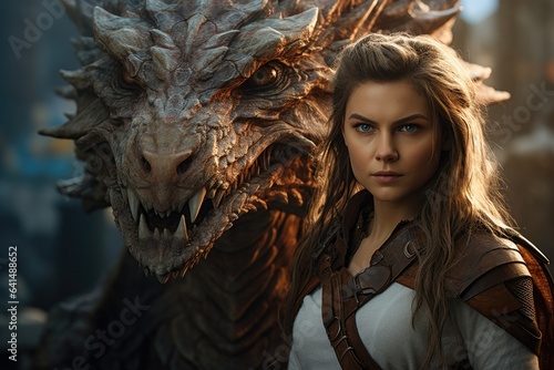 a woman standing next to a dragon