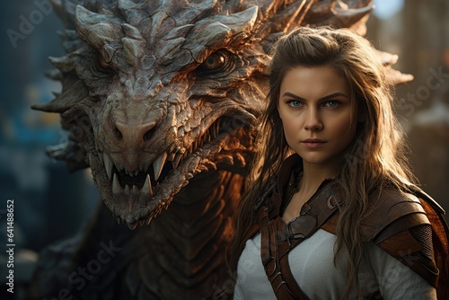 a woman standing next to a dragon