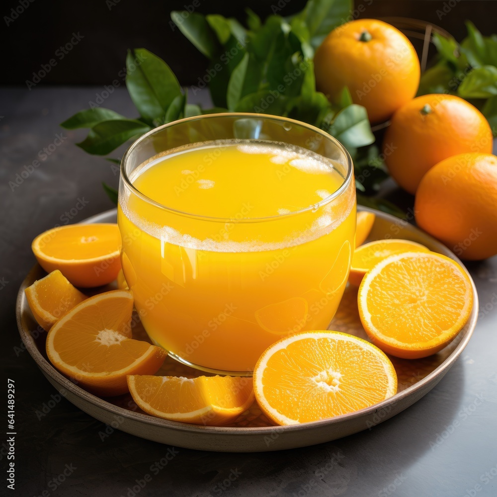 a plate of oranges and a glass of juice a plate of oranges and a glass of juice