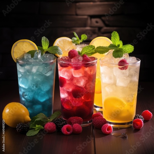 a group of drinks with fruit and mint