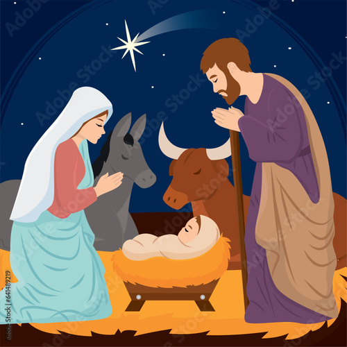 Christmas manger with joseph mary and jesus christ characters Vector