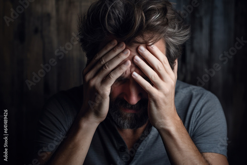 Man sitting alone felling sad, worry or fear and hands up on head