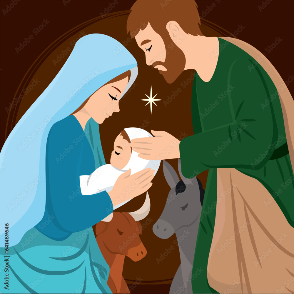 Obraz premium Christmas manger with joseph mary and jesus christ characters Vector