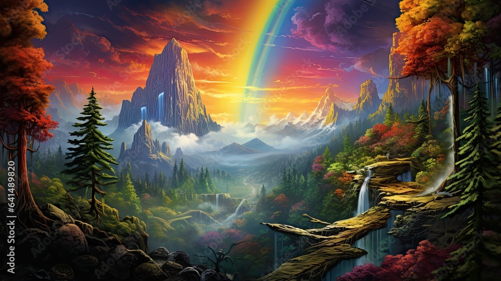 Colorful fantasy landscape with mountains and trees, rainbows, surreal, illustration