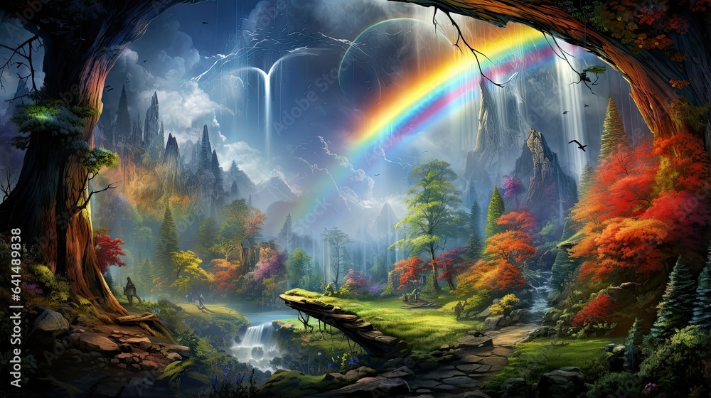 Colorful fantasy landscape with mountains and trees, rainbows, surreal, illustration