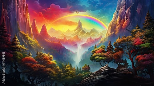 Colorful fantasy landscape with rainbows, surreal, illustration