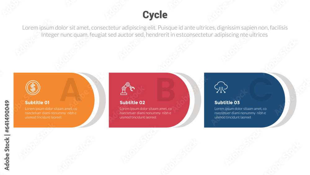 cycle or cycles stage infographics template diagram with round rectangle shape right direction and 3 point step creative design for slide presentation