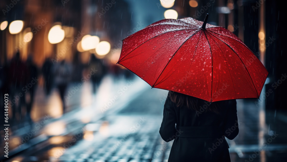 A Woman is holding a red umbrella and walking on a city street. Rainy weather. Bokeh background with pedestrians and city lights.