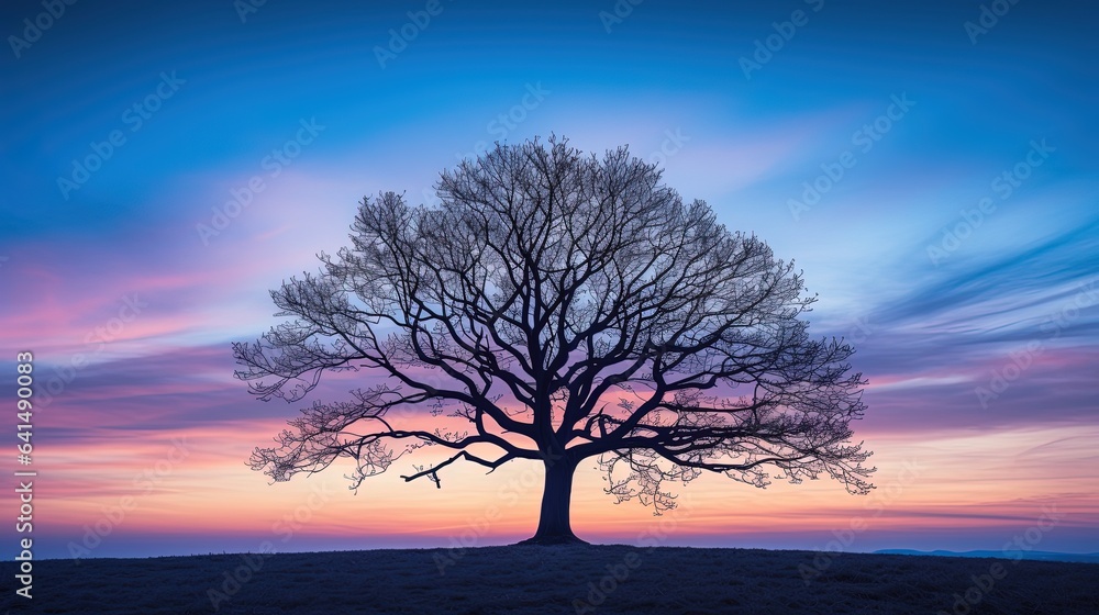 A solitary tree stands prominently against a mesmerizing gradient of twilight hues, creating a silhouette that exudes serenity and majesty.