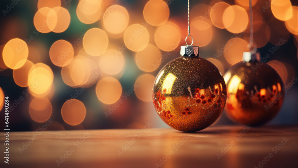 Decorative christmas baubles against bokeh background. Selective focus and shallow depth of field. Decorative christmas baubles against bokeh background. Selective focus and shallow depth of field.