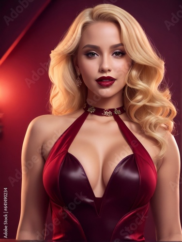 Wallpaper Mural Captivating Portrait of a Stunning Fashion Model with Blonde Hair, Maroon Lipstick, and an Alluring Sleeveless Faux Leather Dress. Fashion Editorial Concept Torontodigital.ca