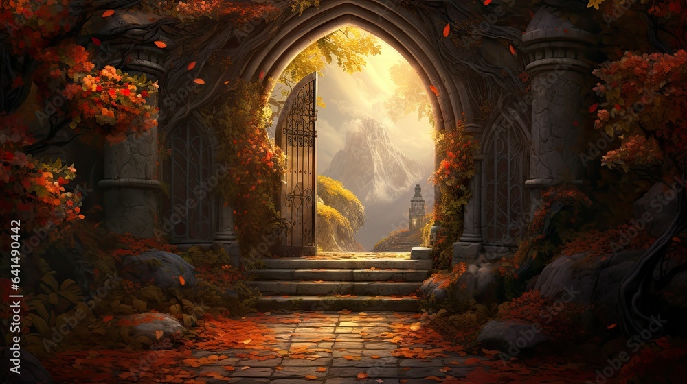 Gateway to a fantasy land in autumn surrounded by orange leaves and trees, illustration Gateway to a fantasy land in autumn surrounded by orange leaves and trees, illustration