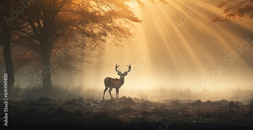 a deer on a foggy field in the countryside Generative AI
