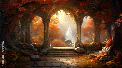 Entrance to a temple in autumn surrounded by orange leaves and trees, illustration