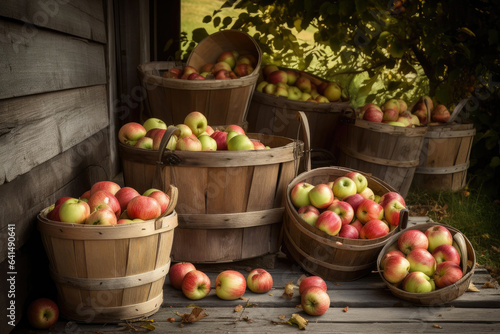 Full wooden tubs of ripe organic apples near wooden house in village. Fresh gathered fruit in apple orchard on countryside. Apple harvest concept.