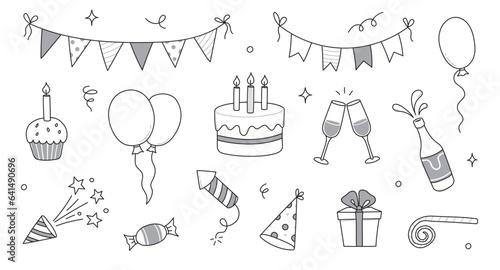 Birthday doodle icon element. Hand drawn sketch doodle birthday cake, balloon, event decoration element. Party, carnival celebration concept background. Vector illustration.