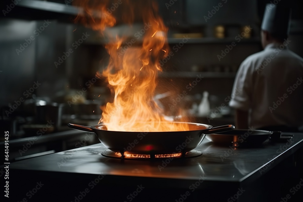 Fire in the fire is rising up a chefs pan in the kitchen Fire in the fire is rising up a chefs pan in the kitchen
