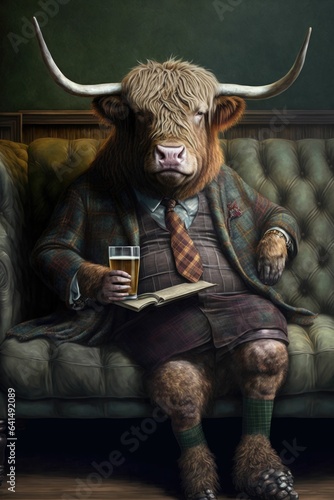 Highland Cow in Tweed Suit: A Quirky Twist on Antique Elegance
