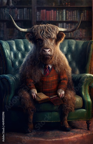 Highland Cow in Tweed Suit: A Quirky and Elegant Addition to Your Antique Furniture Collection © Taiga NYC