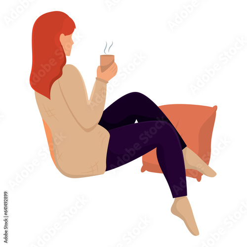 Happy woman drinking a coffee cup Hygge lifestyle Vector