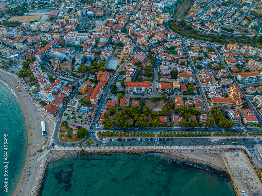 Aerial view of L'Hospitalet de l'Infant, a coastal suburb of Tarragona, inside the municipality of Vandellòs i l'Hospitalet de l'Infant, Catalonia, Spain