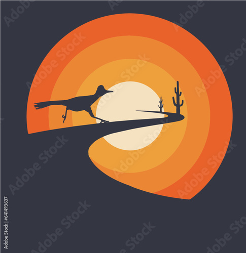 A road runner bird is seen running in front of a setting sun and cactus in the distance in
