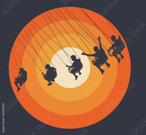 Kids swing on a carnival ride in front of a graphic image of a setting sun.