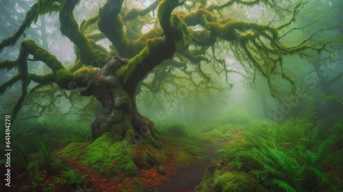 An old Japanese maple tree in mossy woods with fog and mist. Generative AI. 