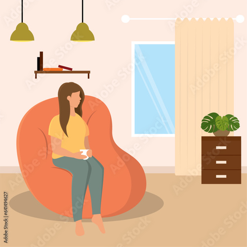 Cute girl drinking hot coffee on a pillow Hygge lifestyle Vector