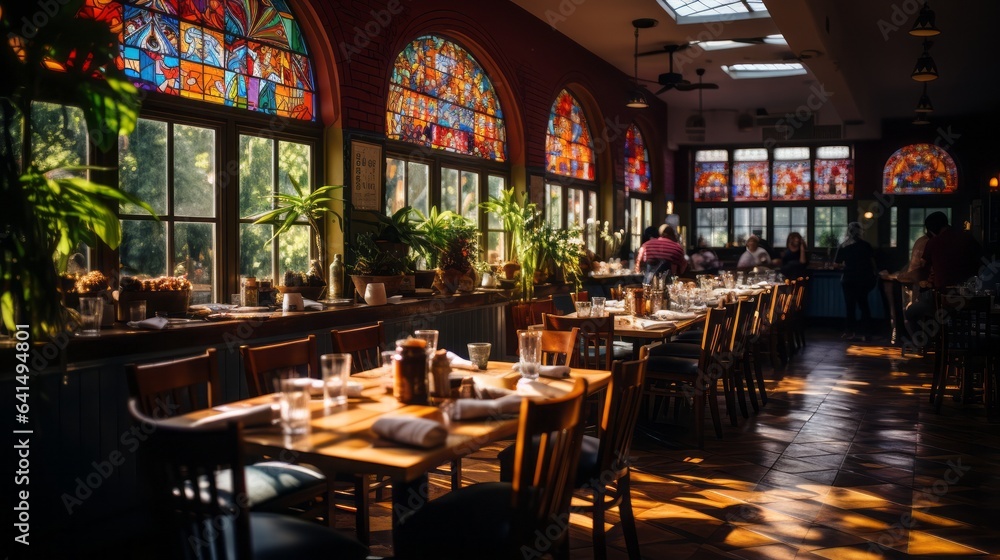 A Mexican restaurant in the sunlight with empty tables. Generative AI. 