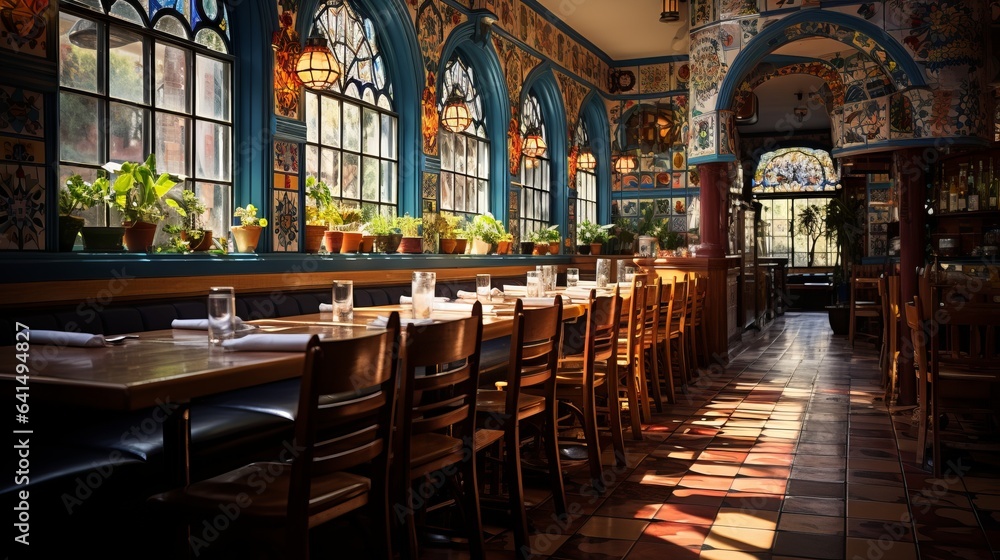 Fototapeta premium A Mexican restaurant in the sunlight with empty tables. Generative AI. 