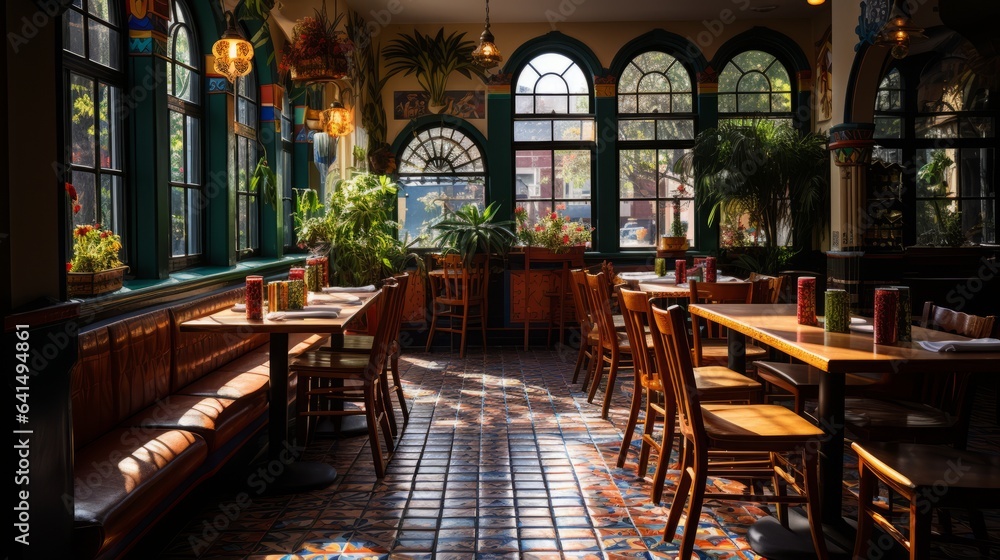 A Mexican restaurant in the sunlight with empty tables. Generative AI. 